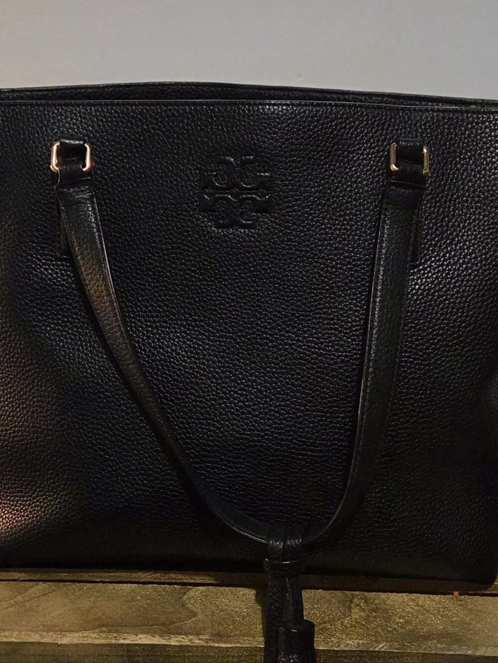 Tory Burch Black Pebbled Leather Shoulder Tote with Gold Accents